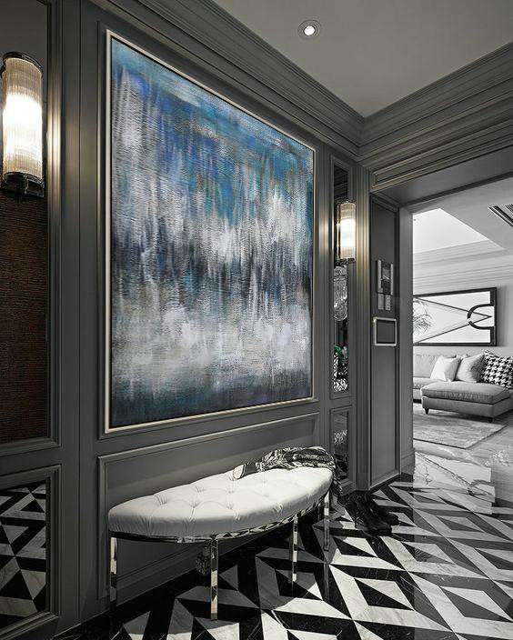 Large Abstract Painting,Oversized Contemporary Painting,Big Painting,Black White,Blye,Grey.etc